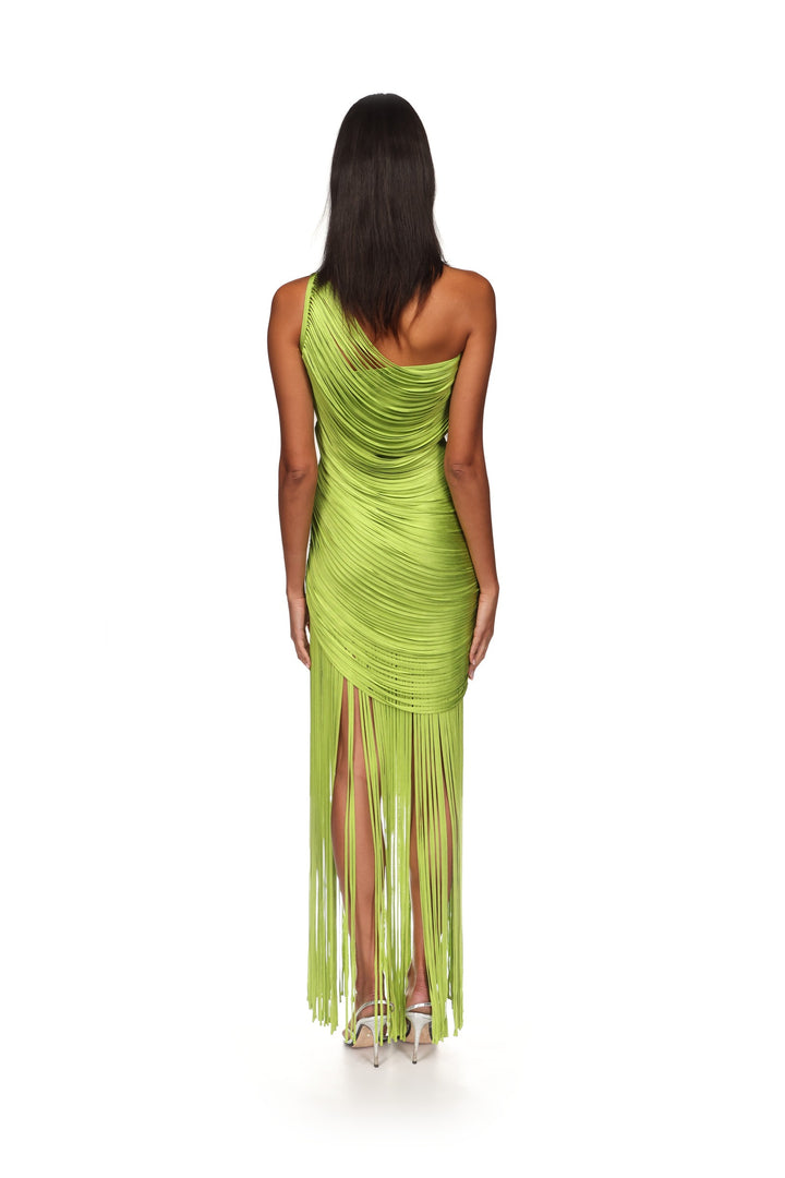 FRINGE DRAPING KNIT GOWN IN GREEN