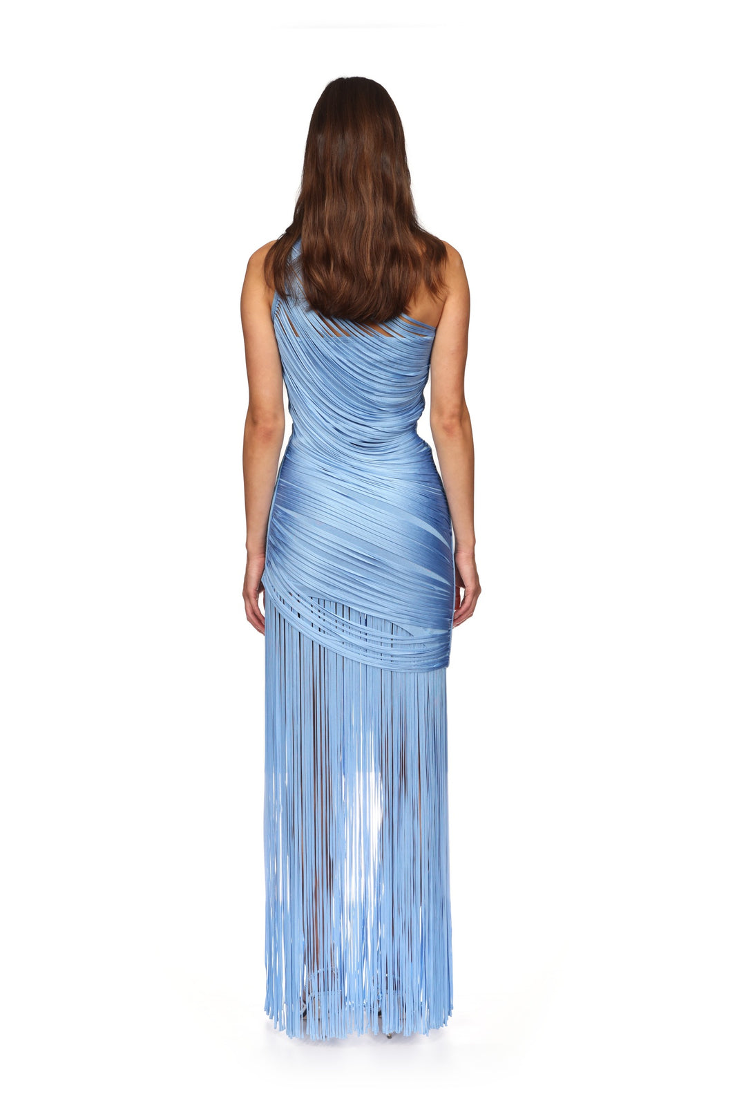FRINGE DRAPING KNIT GOWN IN BLUE