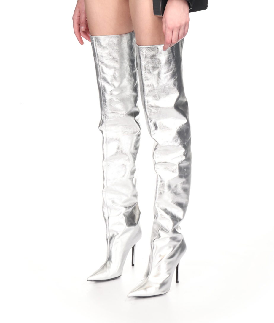 WIDE LEG THIGH HIGH BOOT IN SILVER