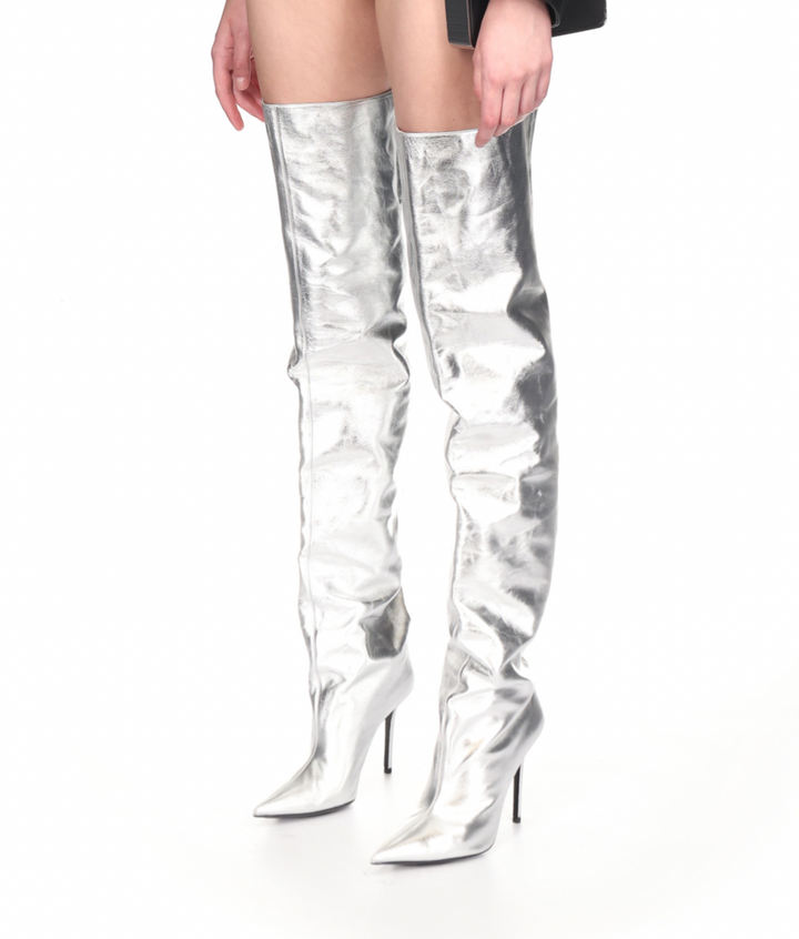 WIDE LEG THIGH HIGH BOOT IN SILVER