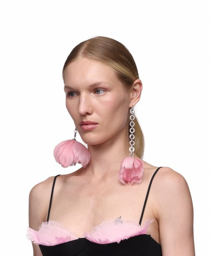 FEATHER FLOWER ASYMMETRIC EARRINGS IN PINK