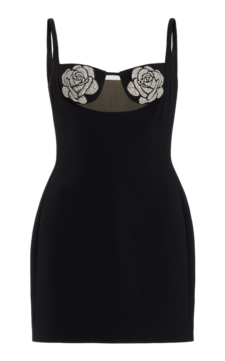 CRYSTAL ROSE EMBROIDERY CUP MINI DRESS IN BLACK
