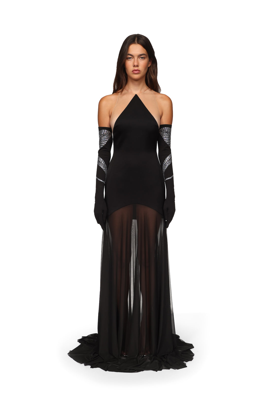 SATIN HALTERNECK GOWN WITH MESH SKIRT BLACK