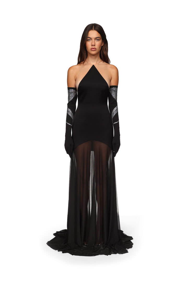 SATIN HALTERNECK GOWN WITH MESH SKIRT BLACK