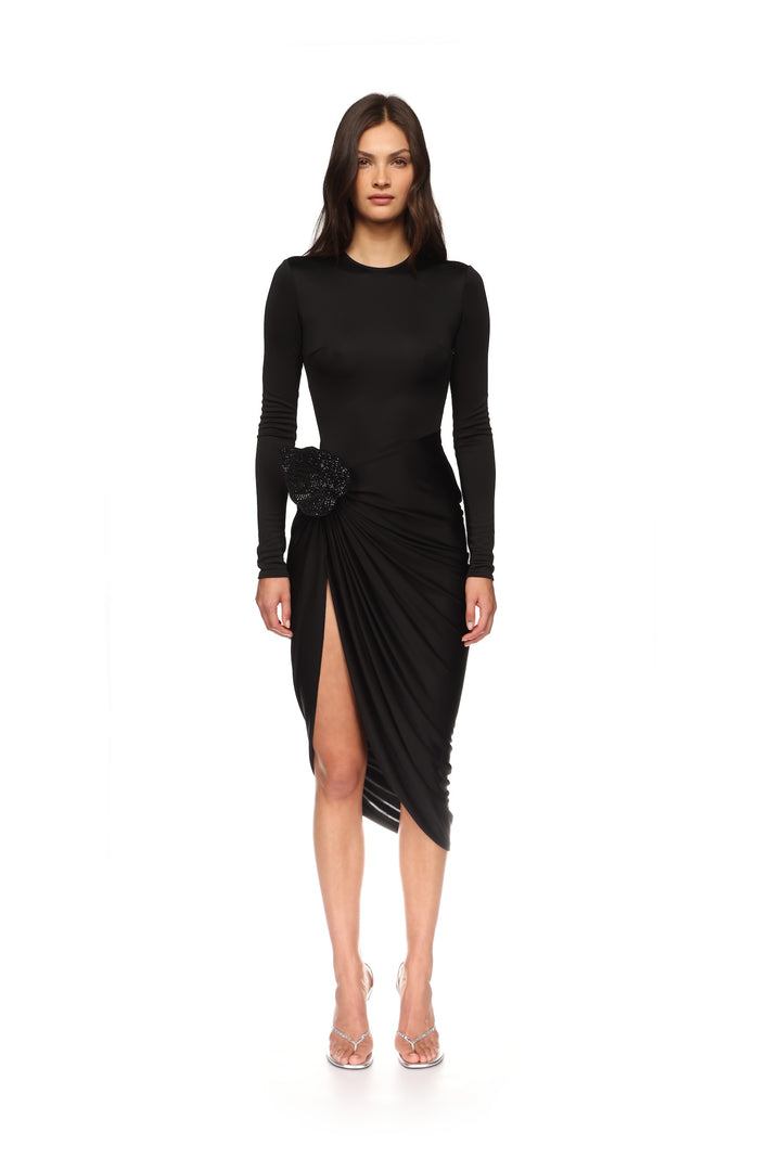 RHINESTONE LEAF AND LONG SLEEVES MIDI DRESS