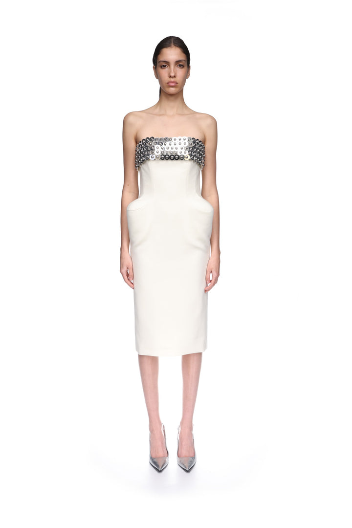 SILVER SPHERES BUST AND PADDED HIP MIDI DRESS