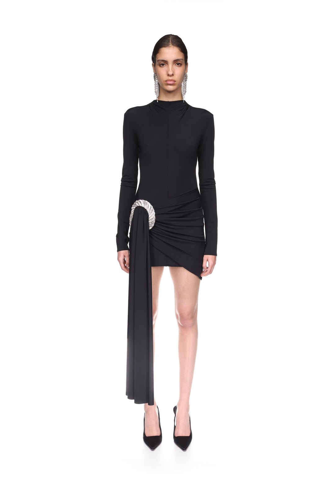 CRYSTAL SPIRAL AND DRAPE MINI DRESS IN BLACK
