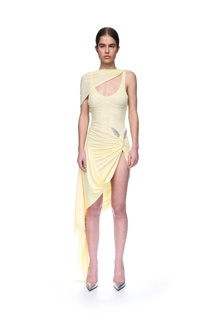 RUCHED ASYMMETRIC MIDI DRESS WITH CRYSTAL HUMMINGBIRD