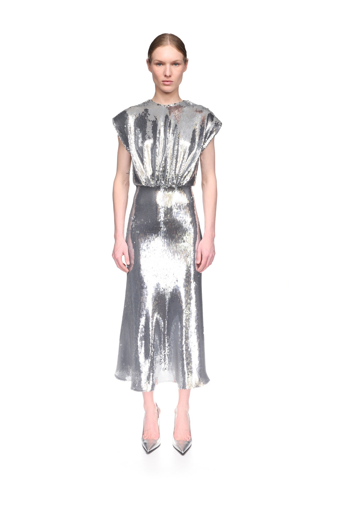 SLEEVELESS BLOUSON SEQUIN MIDI DRESS