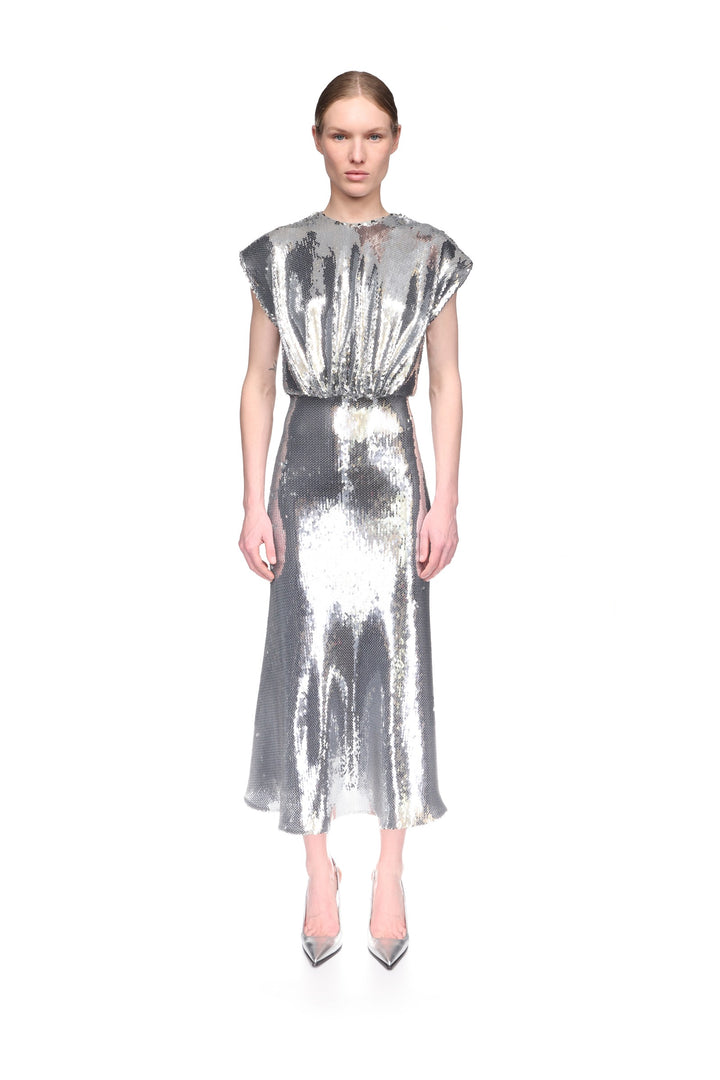 SLEEVELESS BLOUSON SEQUIN MIDI DRESS