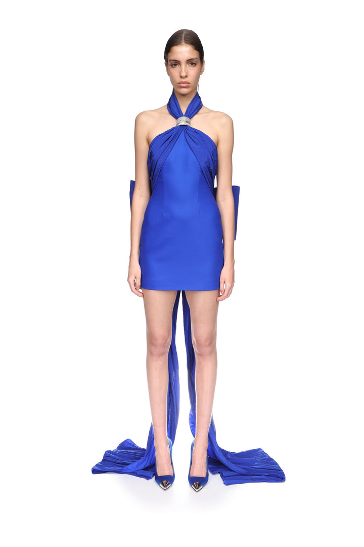 CRYSTAL BROOCH HALTER MINI DRESS WITH BOW