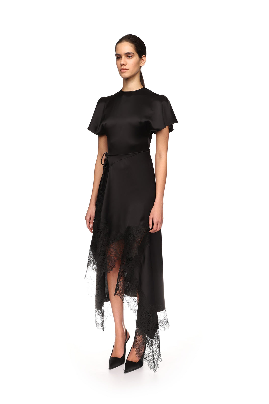 ASYMMETRIC LACE HEM SATIN MIDI DRESS