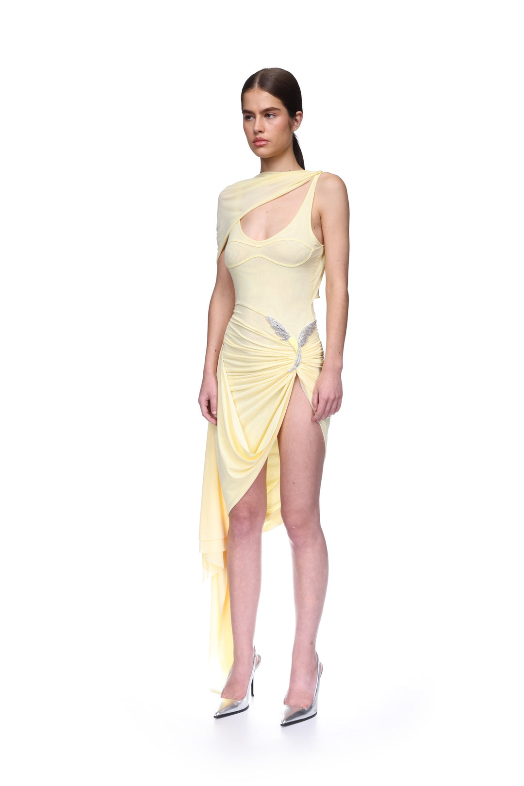 RUCHED ASYMMETRIC MIDI DRESS WITH CRYSTAL HUMMINGBIRD
