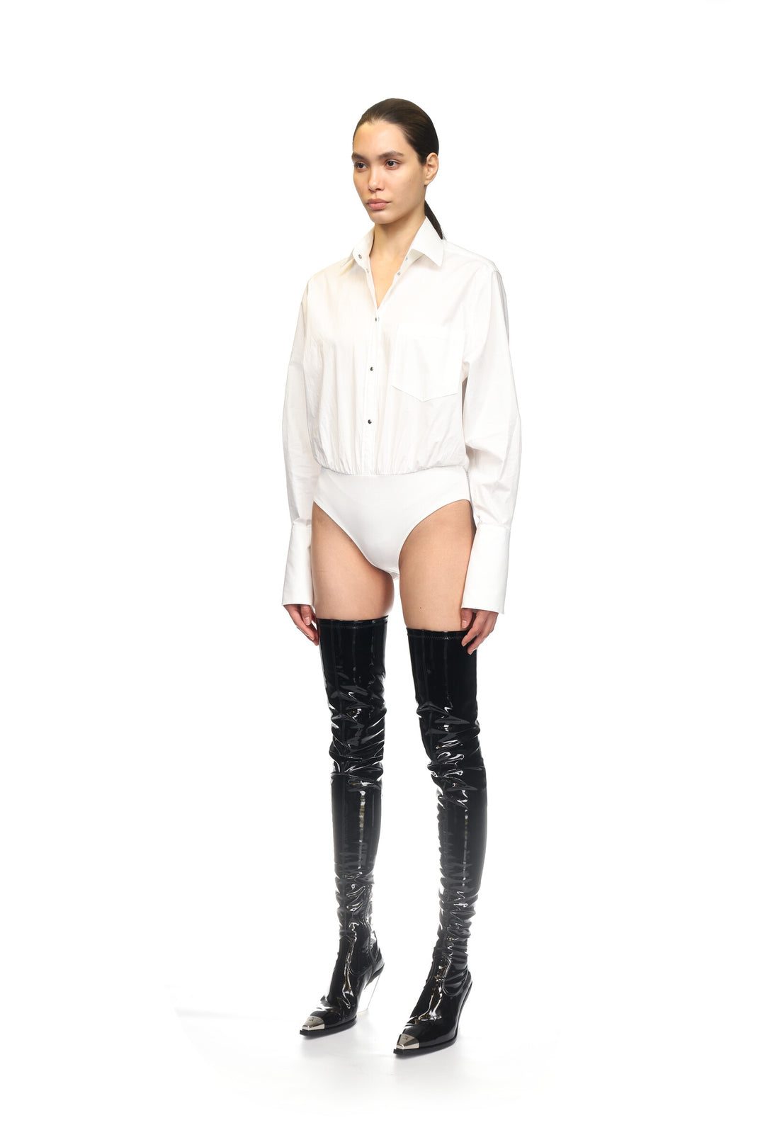 PATENT THIGH HIGH BOOTS WITH TRANSPARENT HEEL IN BLACK