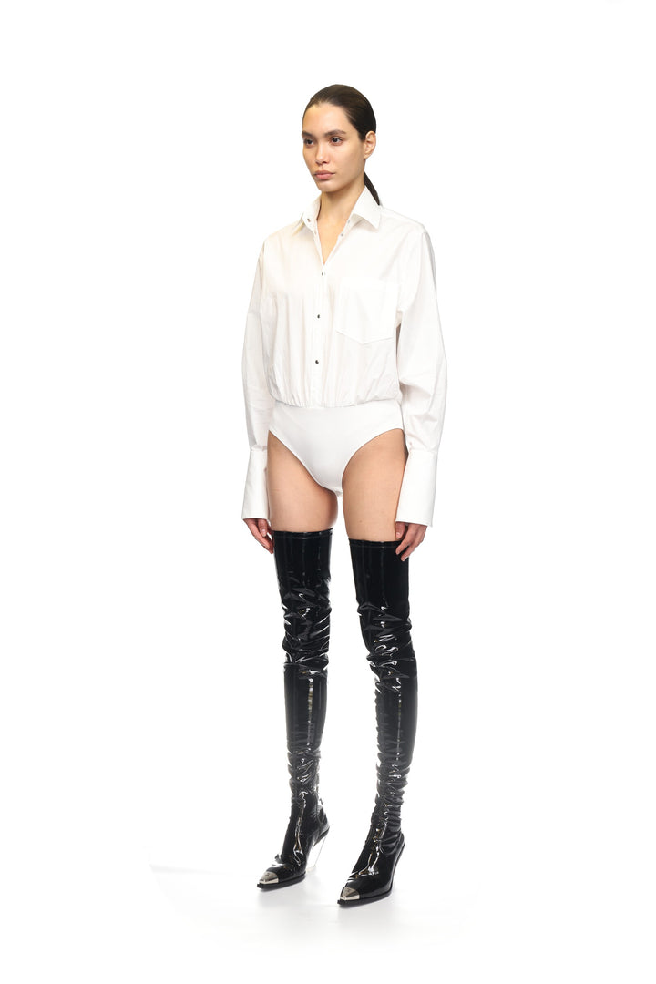 PATENT THIGH HIGH BOOTS WITH TRANSPARENT HEEL IN BLACK