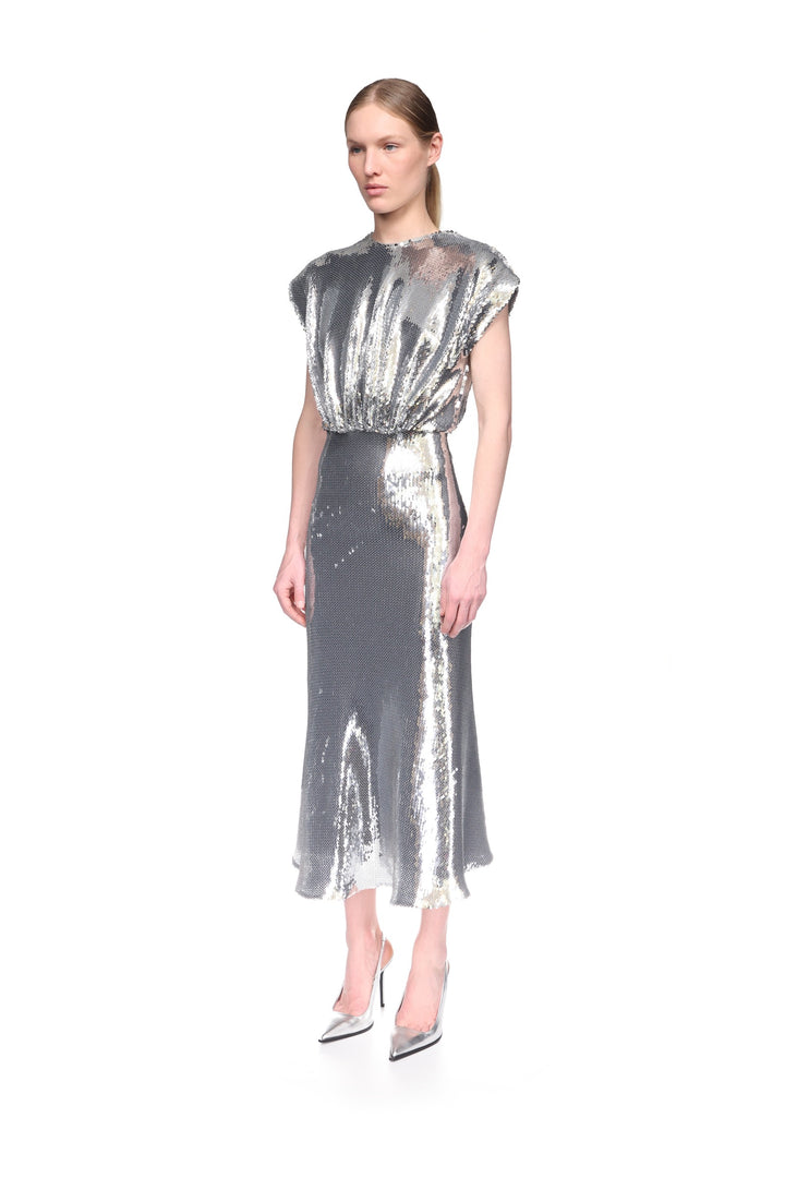 SLEEVELESS BLOUSON SEQUIN MIDI DRESS