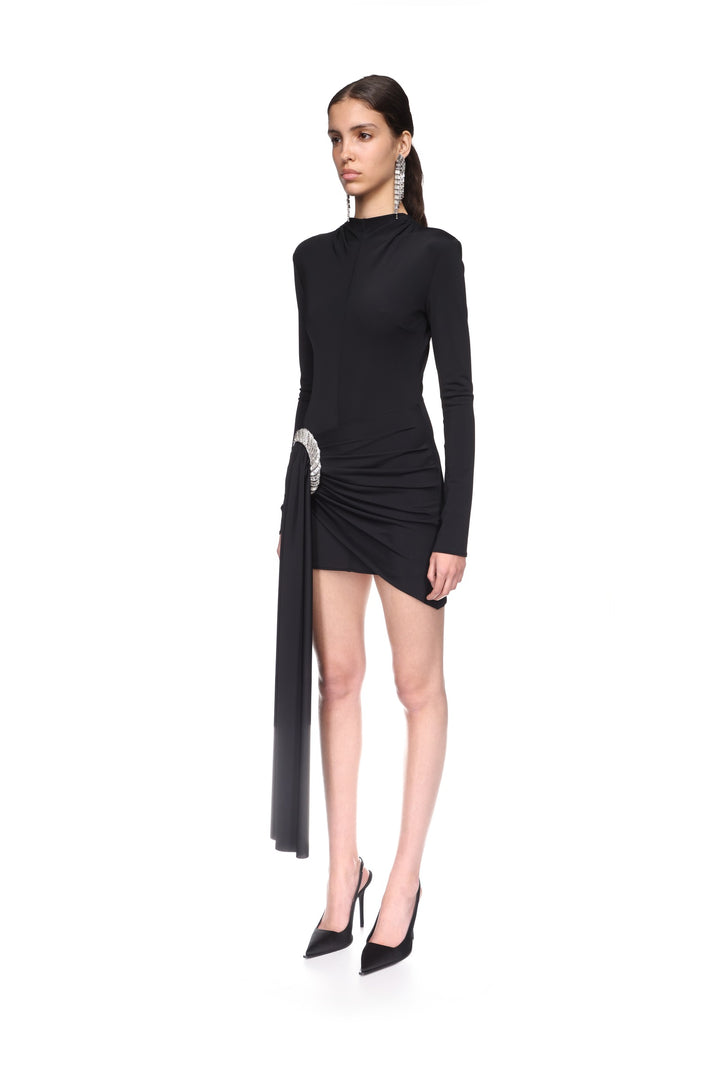 CRYSTAL SPIRAL AND DRAPE MINI DRESS IN BLACK