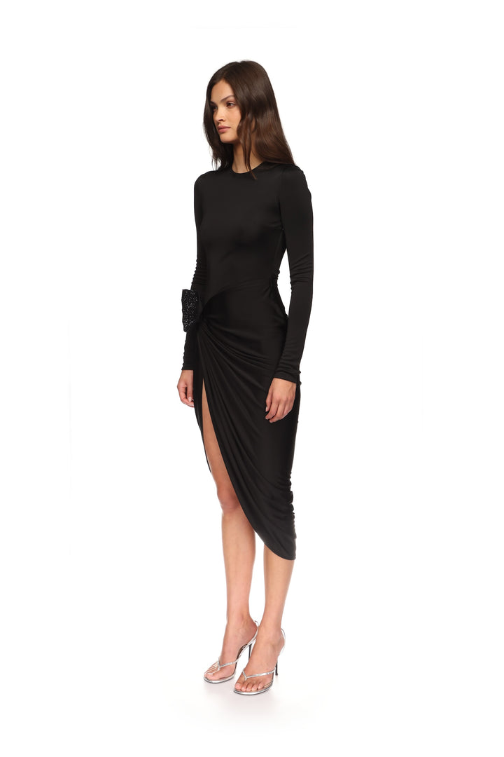 RHINESTONE LEAF AND LONG SLEEVES MIDI DRESS