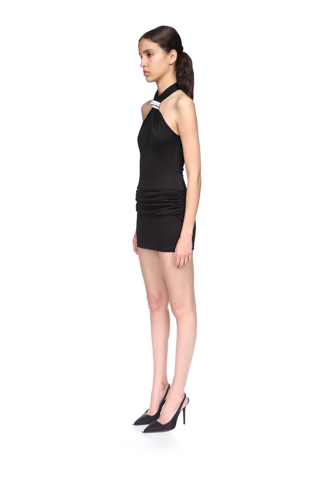 CRYSTAL ARCH HALTERNECK RUCHED MINI DRESS
