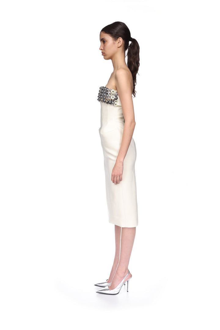 SILVER SPHERES BUST AND PADDED HIP MIDI DRESS