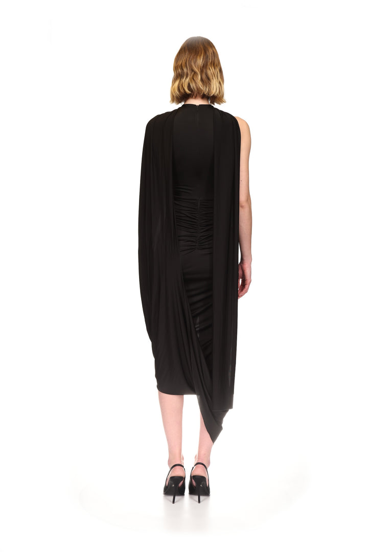 SCARF DETAIL RUCHED ASYMMETRIC MIDI DRESS