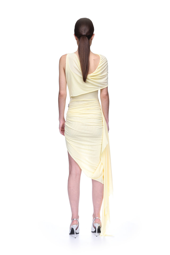 RUCHED ASYMMETRIC MIDI DRESS WITH CRYSTAL HUMMINGBIRD