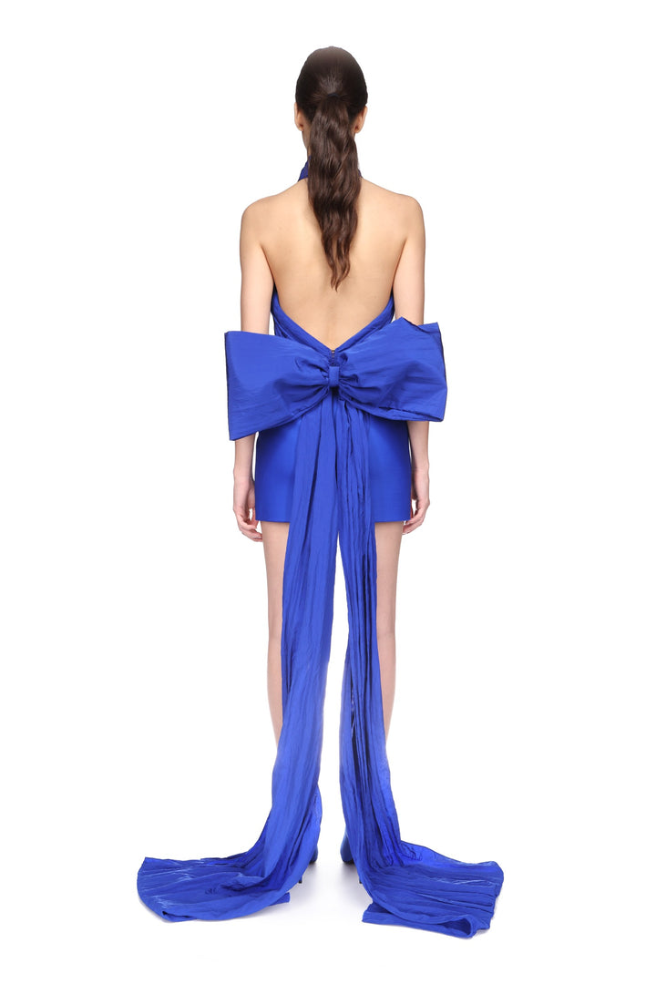 CRYSTAL BROOCH HALTER MINI DRESS WITH BOW