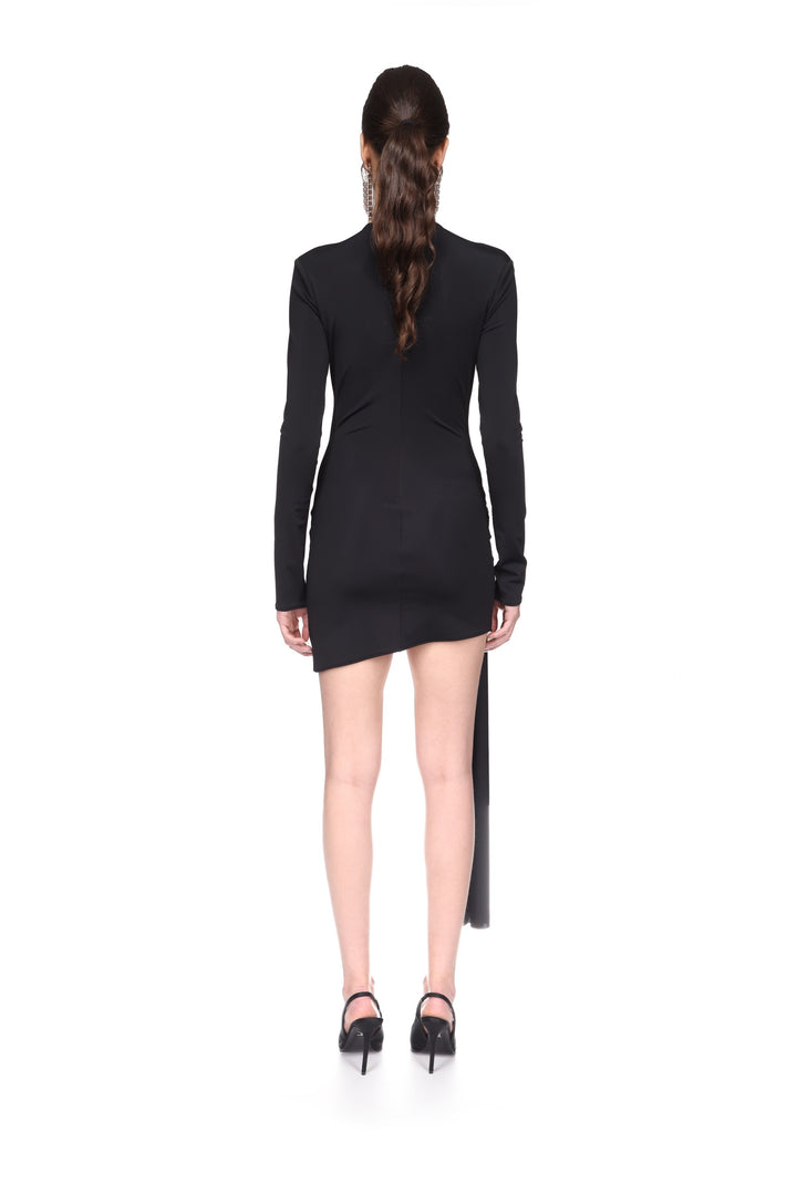 CRYSTAL SPIRAL AND DRAPE MINI DRESS IN BLACK