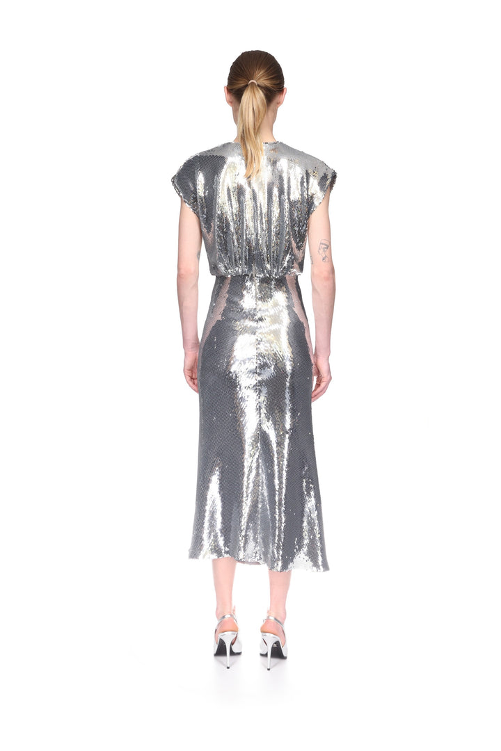 SLEEVELESS BLOUSON SEQUIN MIDI DRESS
