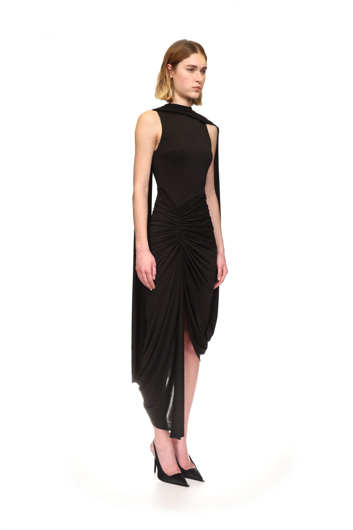 SCARF DETAIL RUCHED ASYMMETRIC MIDI DRESS