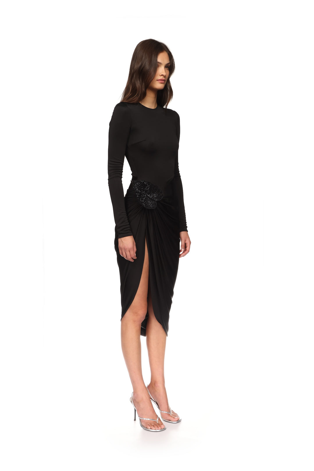 RHINESTONE LEAF AND LONG SLEEVES MIDI DRESS