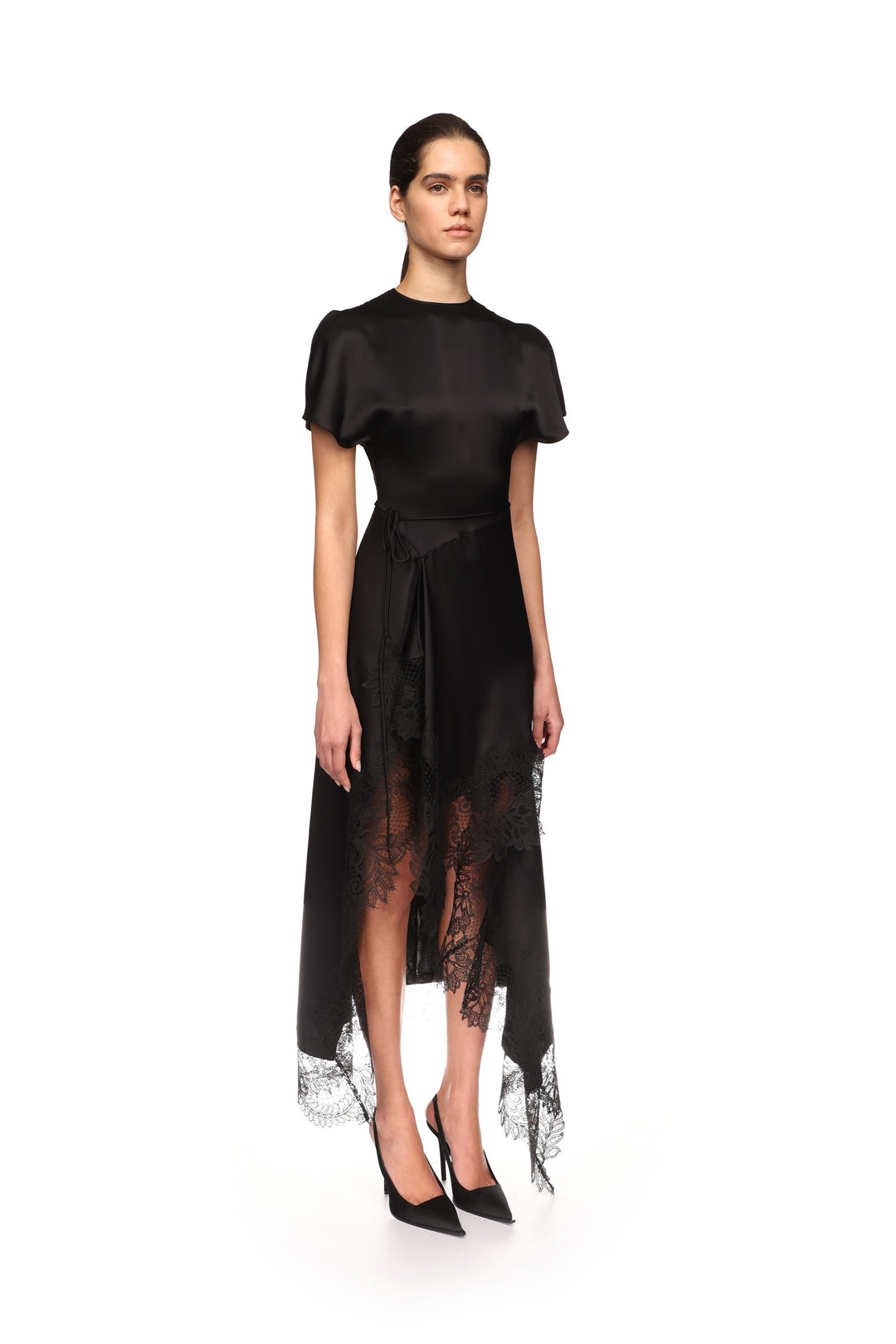 ASYMMETRIC LACE HEM SATIN MIDI DRESS