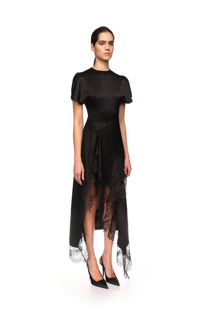 ASYMMETRIC LACE HEM SATIN MIDI DRESS