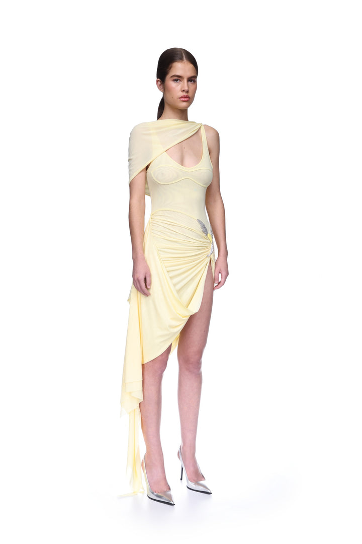 RUCHED ASYMMETRIC MIDI DRESS WITH CRYSTAL HUMMINGBIRD