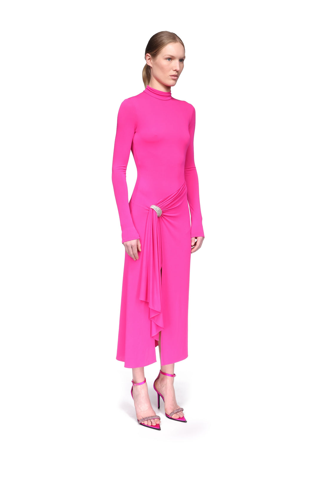 CRYSTAL ARCH AND LONG SLEEVE MIDI DRESS IN BLACK