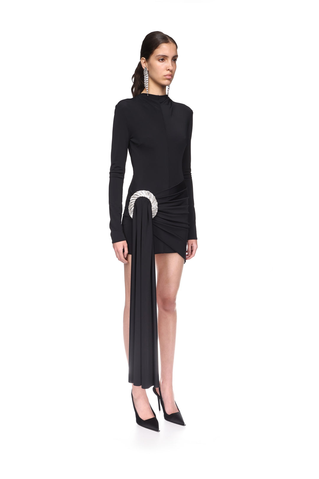 CRYSTAL SPIRAL AND DRAPE MINI DRESS IN BLACK