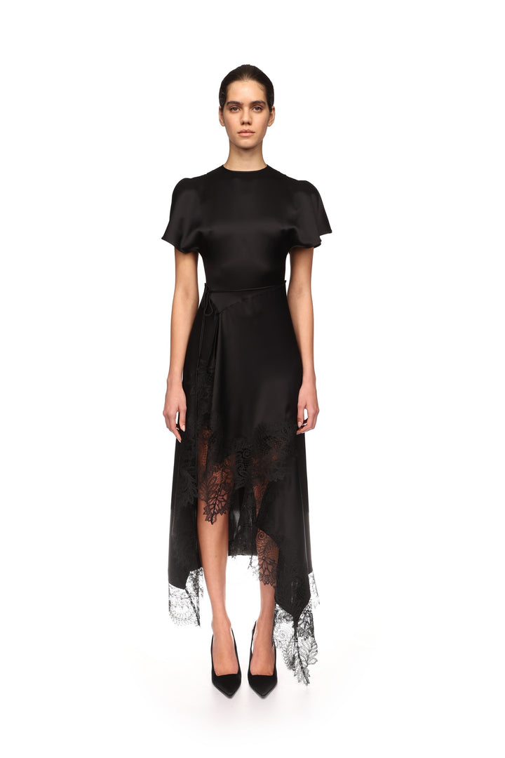 ASYMMETRIC LACE HEM SATIN MIDI DRESS