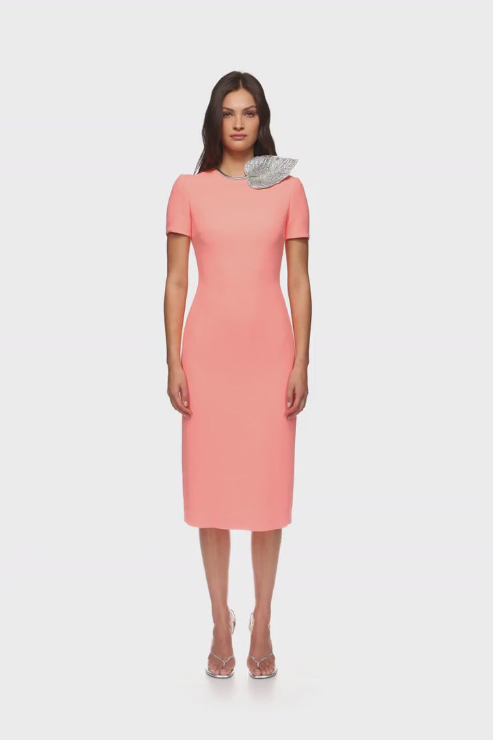 CRYSTAL LEAF EMBROIDERED SHORT SLEEVE MIDI DRESS