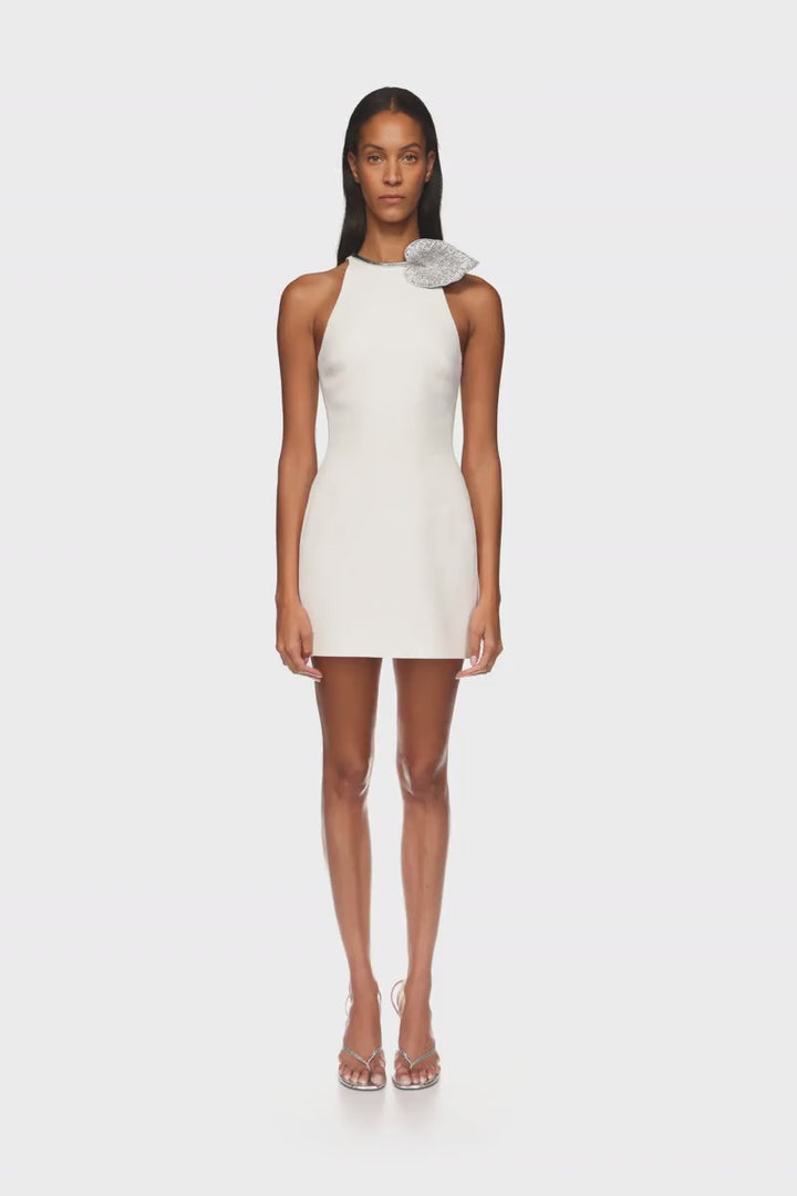 CRYSTAL LEAF AND HALTER MINI DRESS