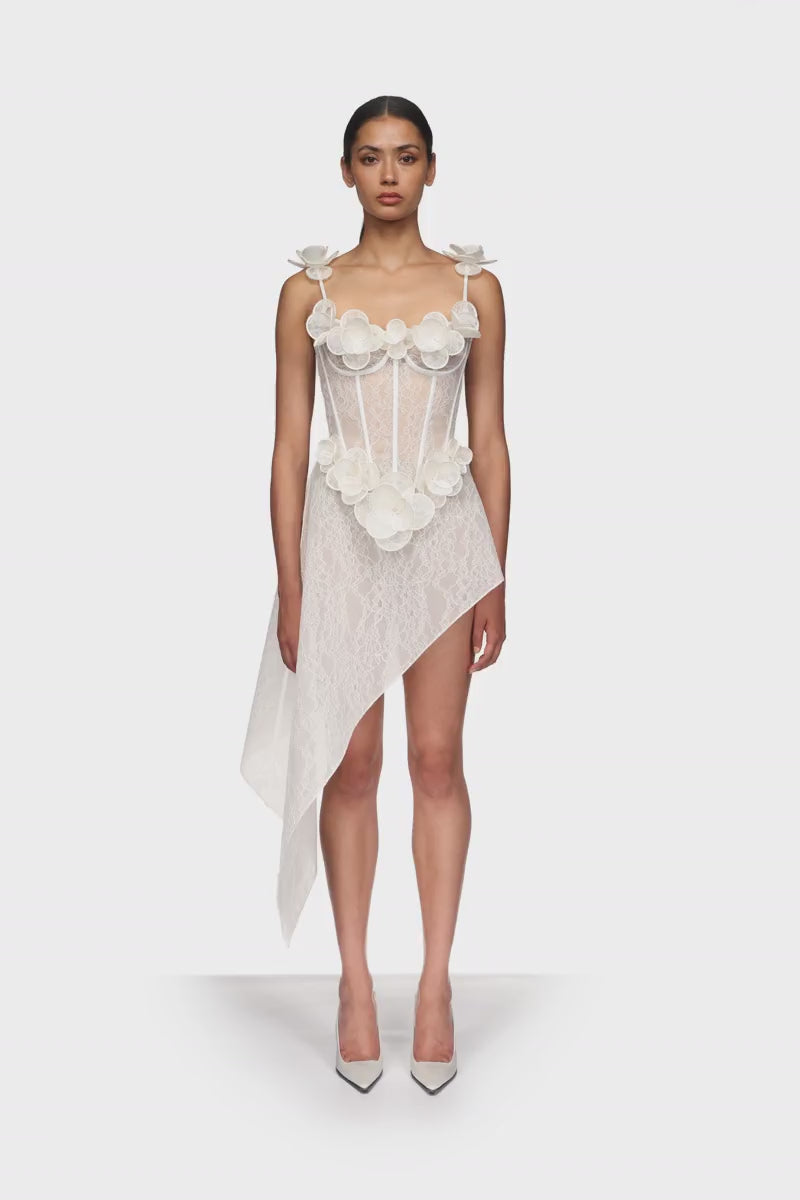LACE FLOWER CORSET ASYMMETRIC MIDI DRESS