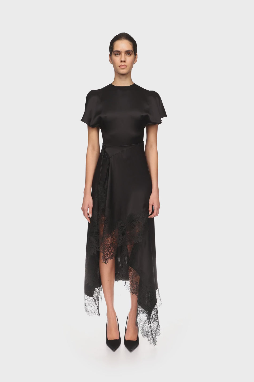 ASYMMETRIC LACE HEM SATIN MIDI DRESS