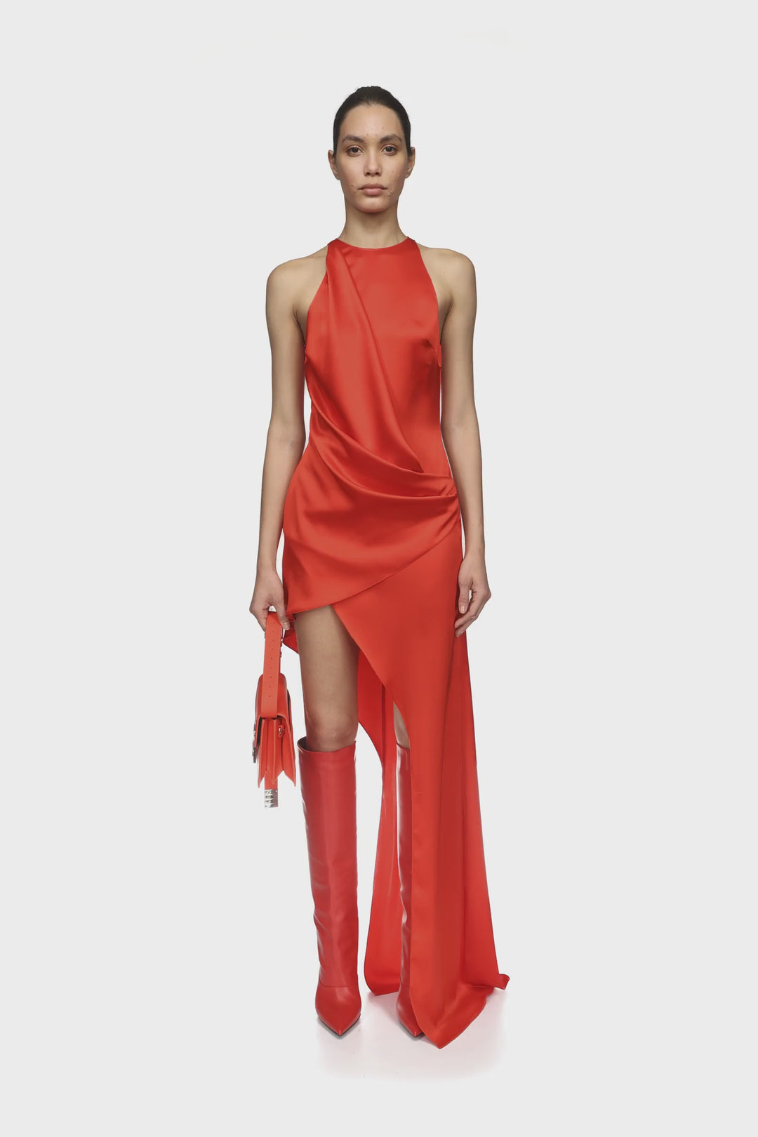 ASYMMETRIC SATIN DRAPE GOWN