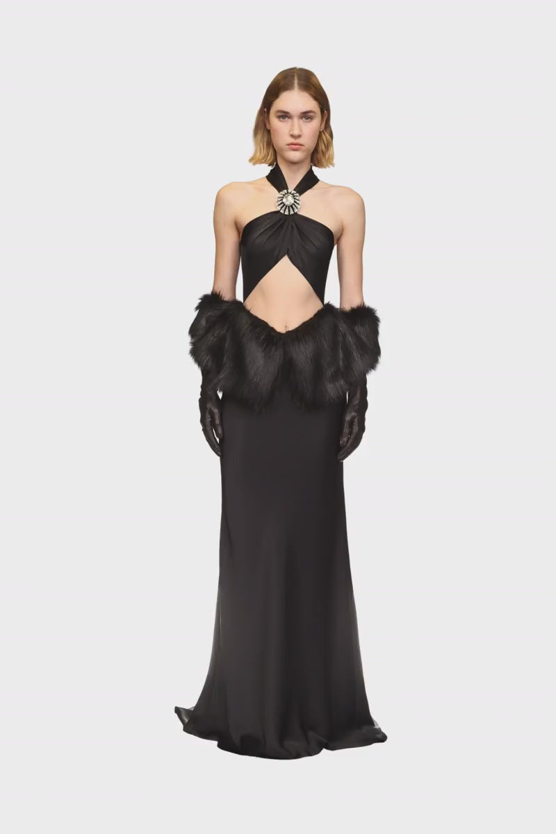 FAUX FUR PEPLUM TRIM GOWN