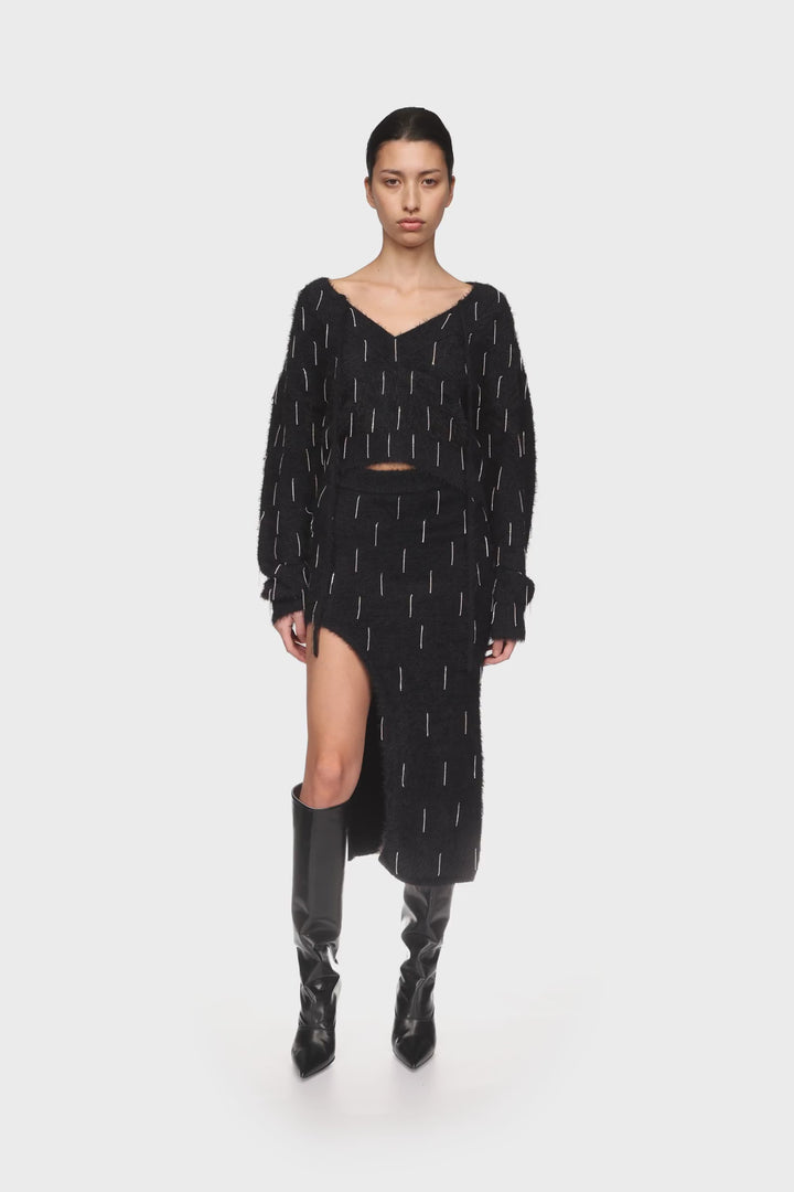 CRYSTAL EMBELLISHED KNIT MIDI SKIRT IN BLACK