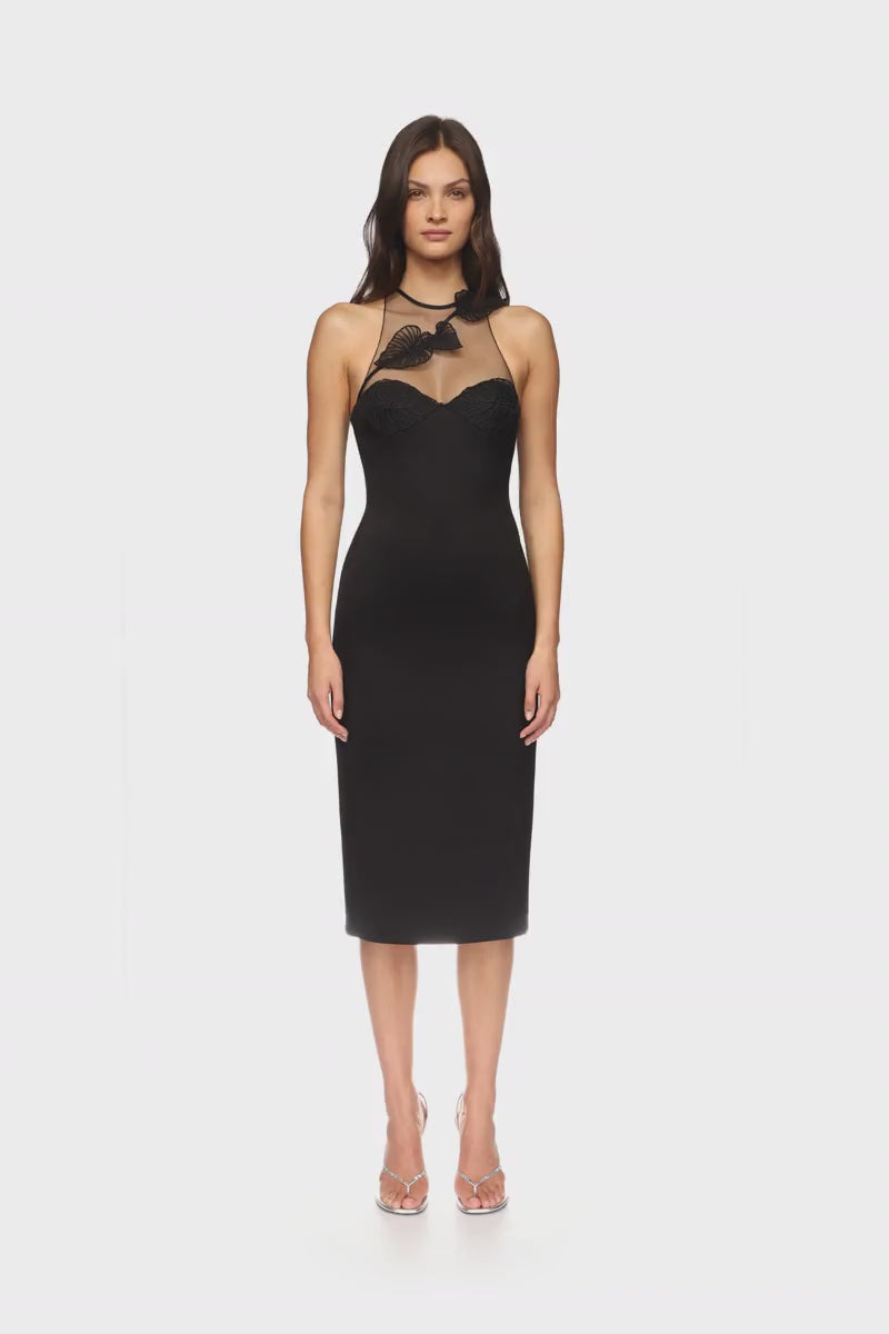 THREAD LEAF CLUSTER EMBROIDERY MIDI DRESS