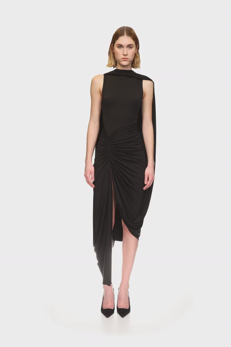 SCARF DETAIL RUCHED ASYMMETRIC MIDI DRESS
