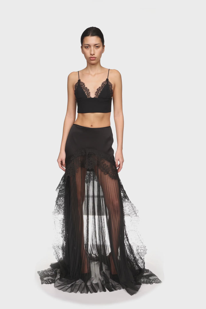 PLEATED TULLE AND LACE MAXI SKIRT