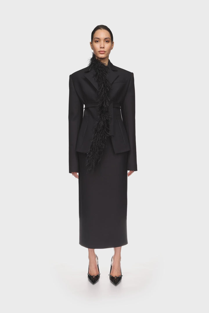 FEATHER TRIM TAILORED JACKET IN BLACK