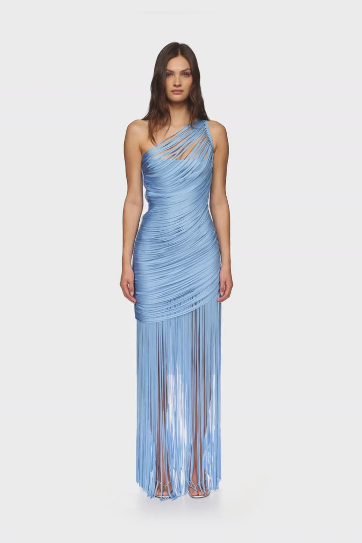 FRINGE DRAPING KNIT GOWN IN BLUE