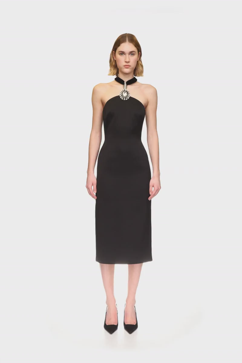 CRYSTAL PENDANT HALTER MIDI DRESS